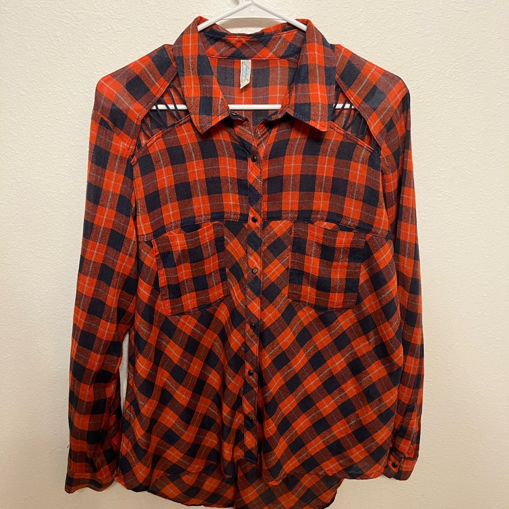 Free People Orange & Blue Plaid Shirt